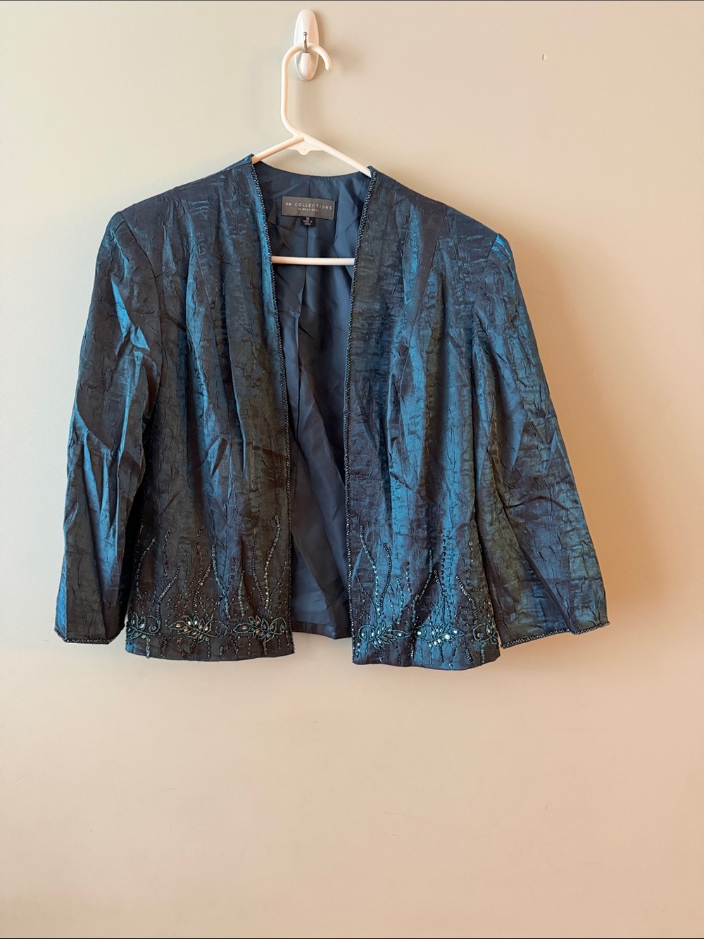 Teal Iridescent Open-Front Beaded Jacket